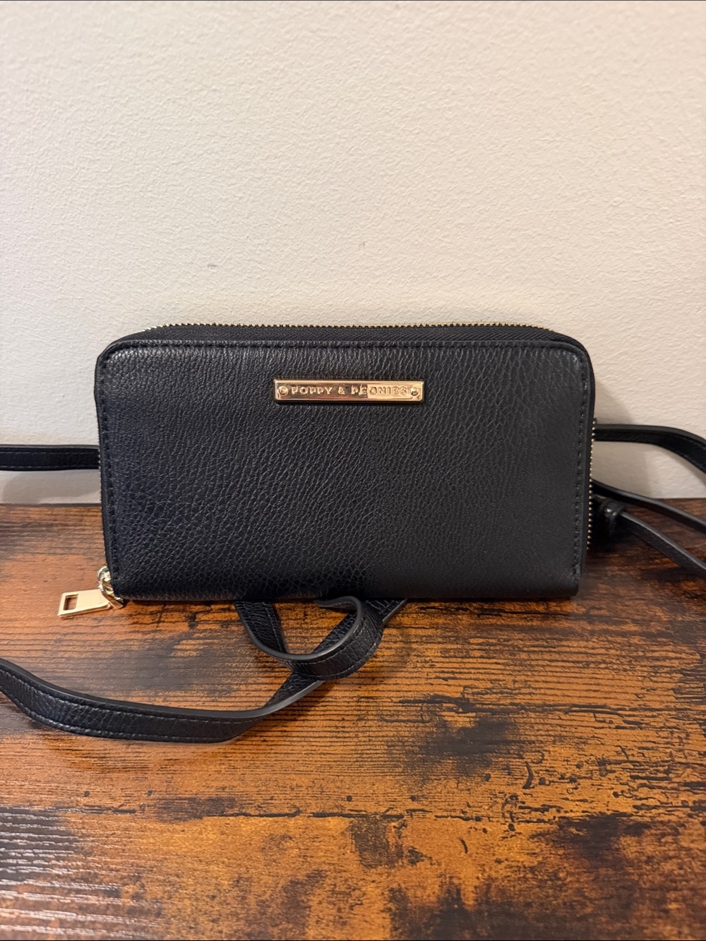 Poppy & Peonies Black Crossbody Wallet with Gold Logo